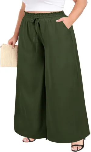 Moon Wood Wide Leg Pants Woman Plus Size Flowy Palazzo Pants Loose Culottes Summer Casual Lounge Trousers with Pockets