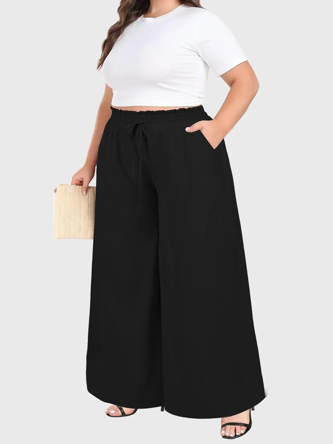 Moon Wood Wide Leg Pants Woman Plus Size Flowy Palazzo Pants Loose Culottes Summer Casual Lounge Trousers with Pockets
