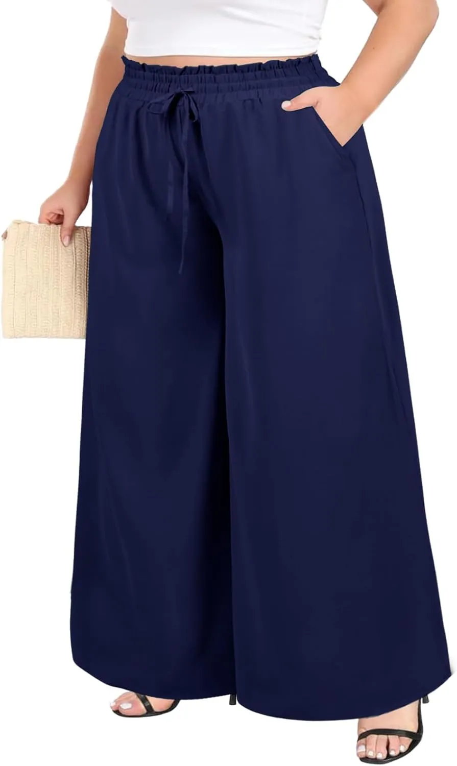 Moon Wood Wide Leg Pants Woman Plus Size Flowy Palazzo Pants Loose Culottes Summer Casual Lounge Trousers with Pockets