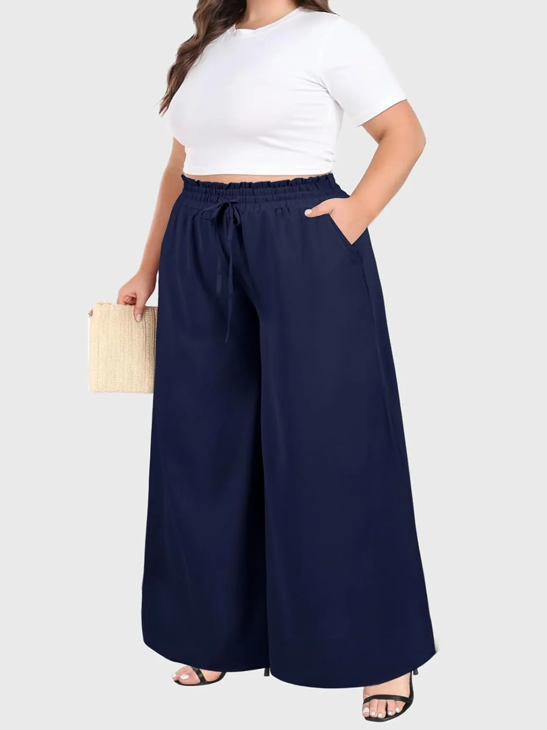 Moon Wood Wide Leg Pants Woman Plus Size Flowy Palazzo Pants Loose Culottes Summer Casual Lounge Trousers with Pockets