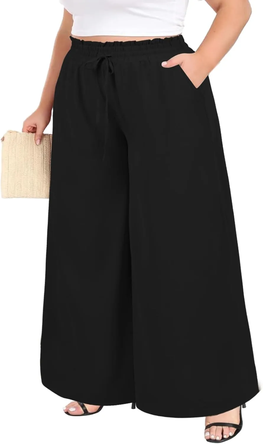 Moon Wood Wide Leg Pants Woman Plus Size Flowy Palazzo Pants Loose Culottes Summer Casual Lounge Trousers with Pockets