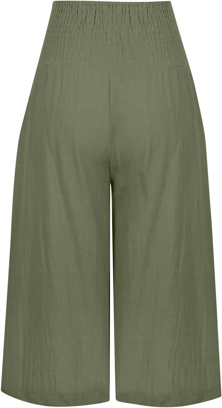 NBXNZWF Capris Pants for Women Cotton Linen 2025 Casual Summer Straight Wide Leg Loose Elastic High Waist Cropped Trouser