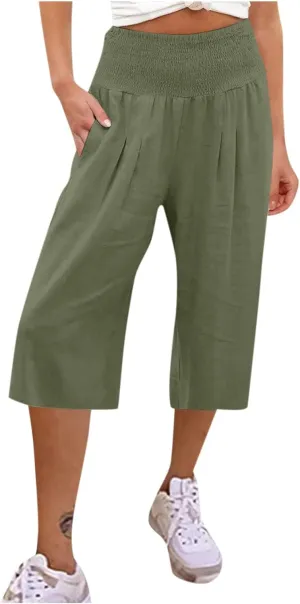 NBXNZWF Capris Pants for Women Cotton Linen 2025 Casual Summer Straight Wide Leg Loose Elastic High Waist Cropped Trouser