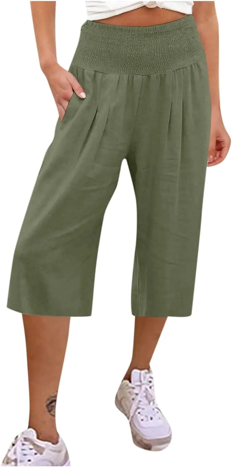 NBXNZWF Capris Pants for Women Cotton Linen 2025 Casual Summer Straight Wide Leg Loose Elastic High Waist Cropped Trouser