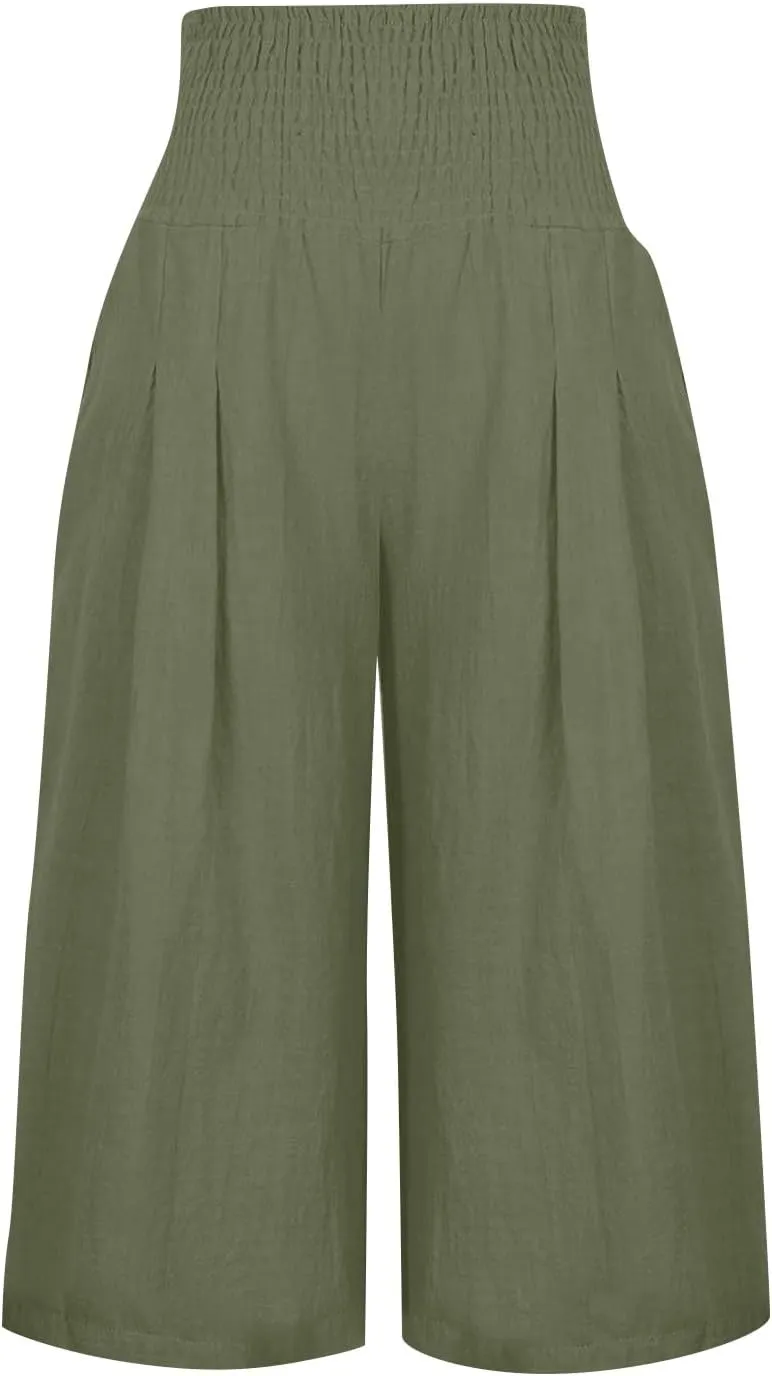 NBXNZWF Capris Pants for Women Cotton Linen 2025 Casual Summer Straight Wide Leg Loose Elastic High Waist Cropped Trouser