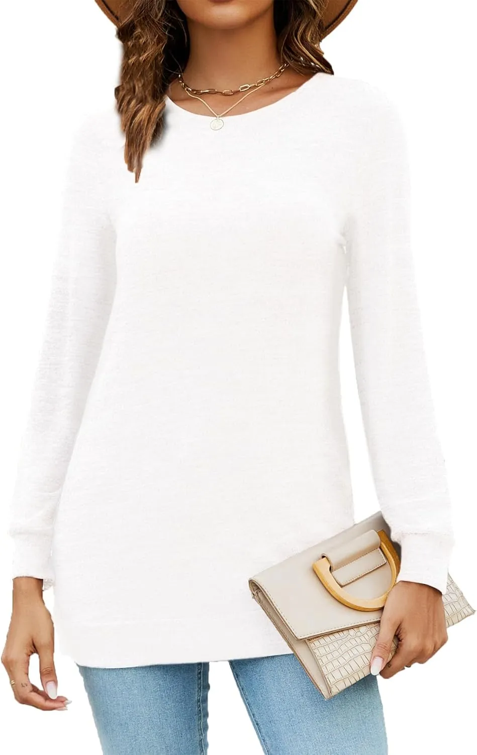Newchoice Women's Fall Long Sleeve Shirts Tunic Tops to Wear with Leggings Casual Crewneck Long Sweater Sweatshirts
