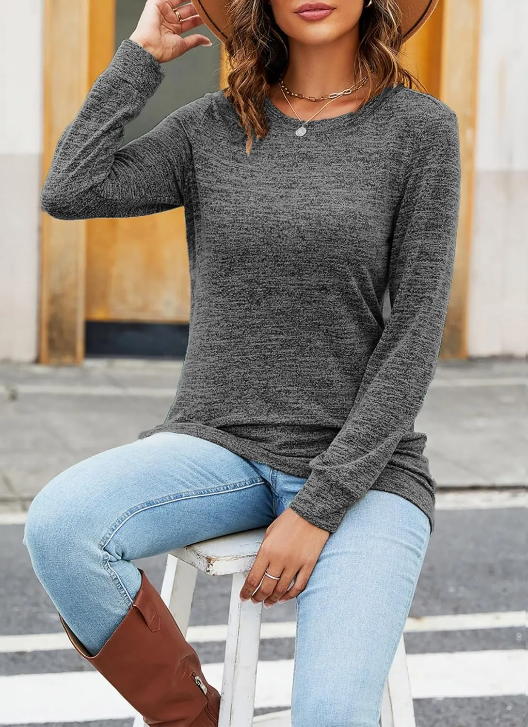 Newchoice Women's Fall Long Sleeve Shirts Tunic Tops to Wear with Leggings Casual Crewneck Long Sweater Sweatshirts