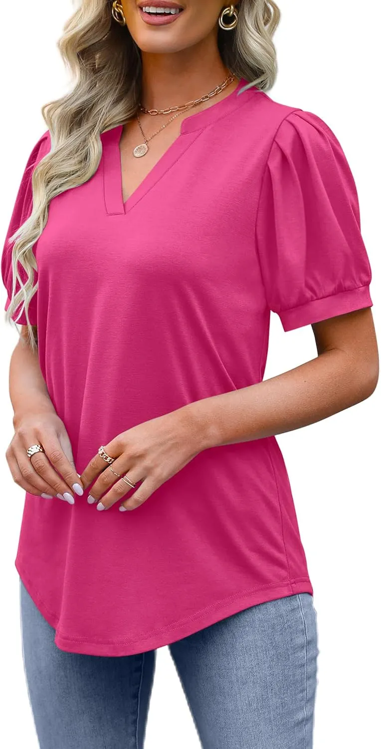 OFEEFAN Women's Pleated Puff Sleeve Tops Summer V Neck Tunic Shirts Loose Curved Hem Blouses Dressy Casual S-3XL