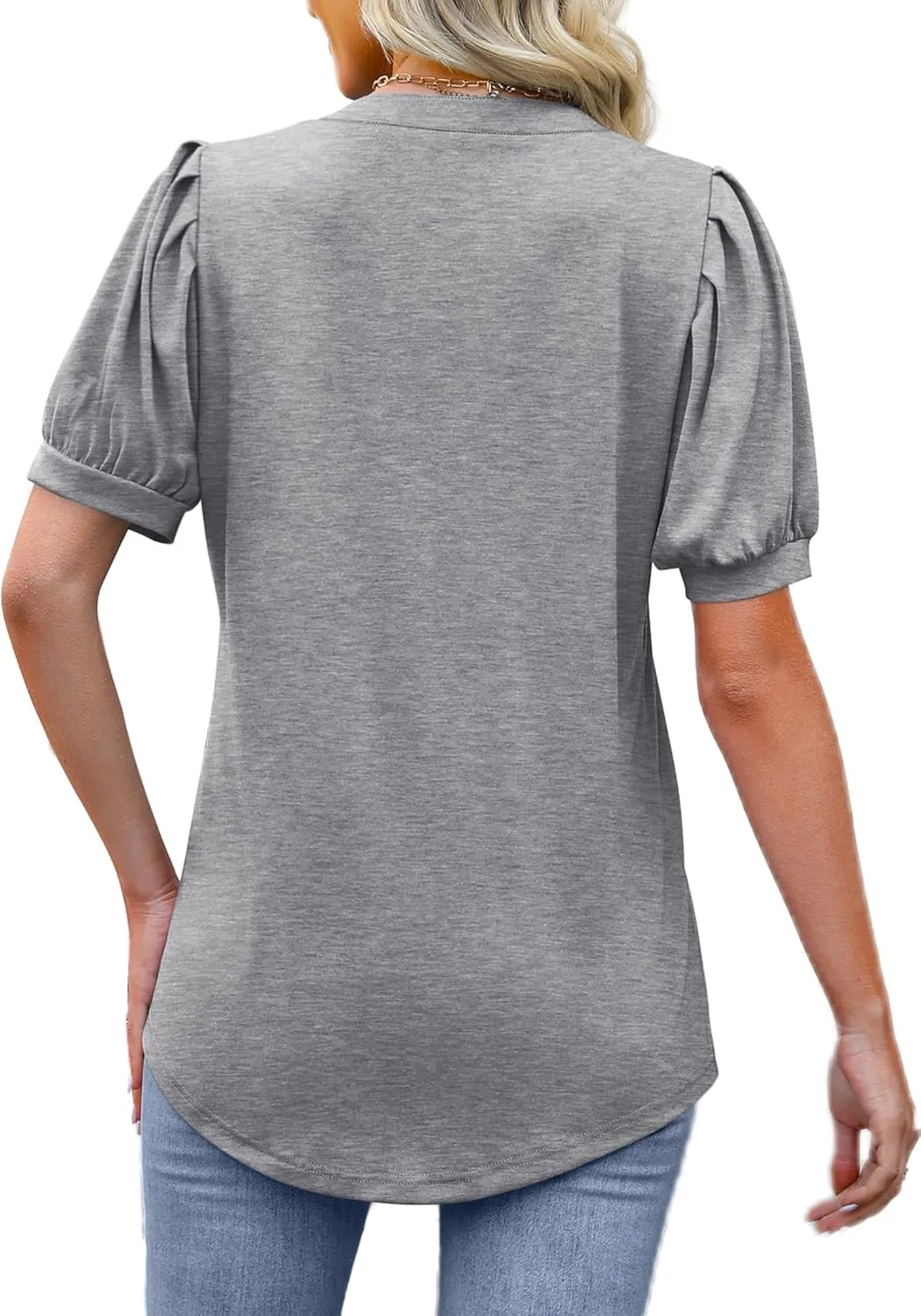OFEEFAN Women's Pleated Puff Sleeve Tops Summer V Neck Tunic Shirts Loose Curved Hem Blouses Dressy Casual S-3XL