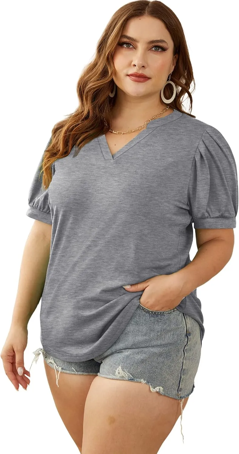 OFEEFAN Women's Pleated Puff Sleeve Tops Summer V Neck Tunic Shirts Loose Curved Hem Blouses Dressy Casual S-3XL