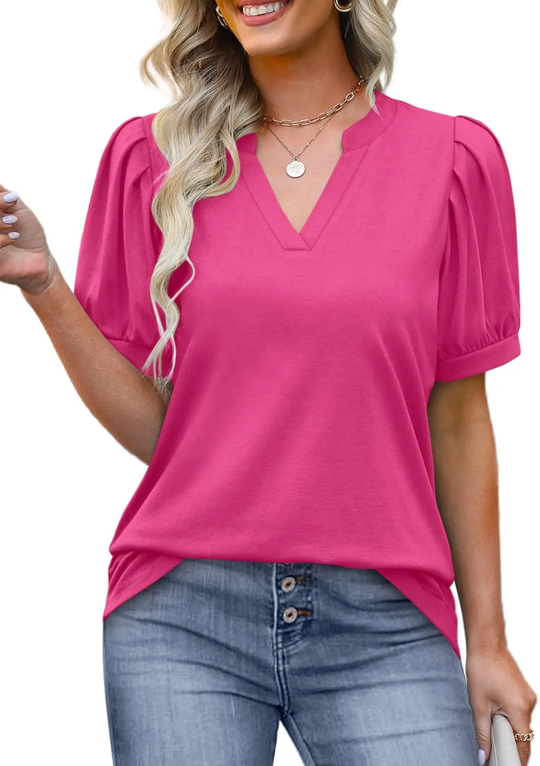 OFEEFAN Women's Pleated Puff Sleeve Tops Summer V Neck Tunic Shirts Loose Curved Hem Blouses Dressy Casual S-3XL
