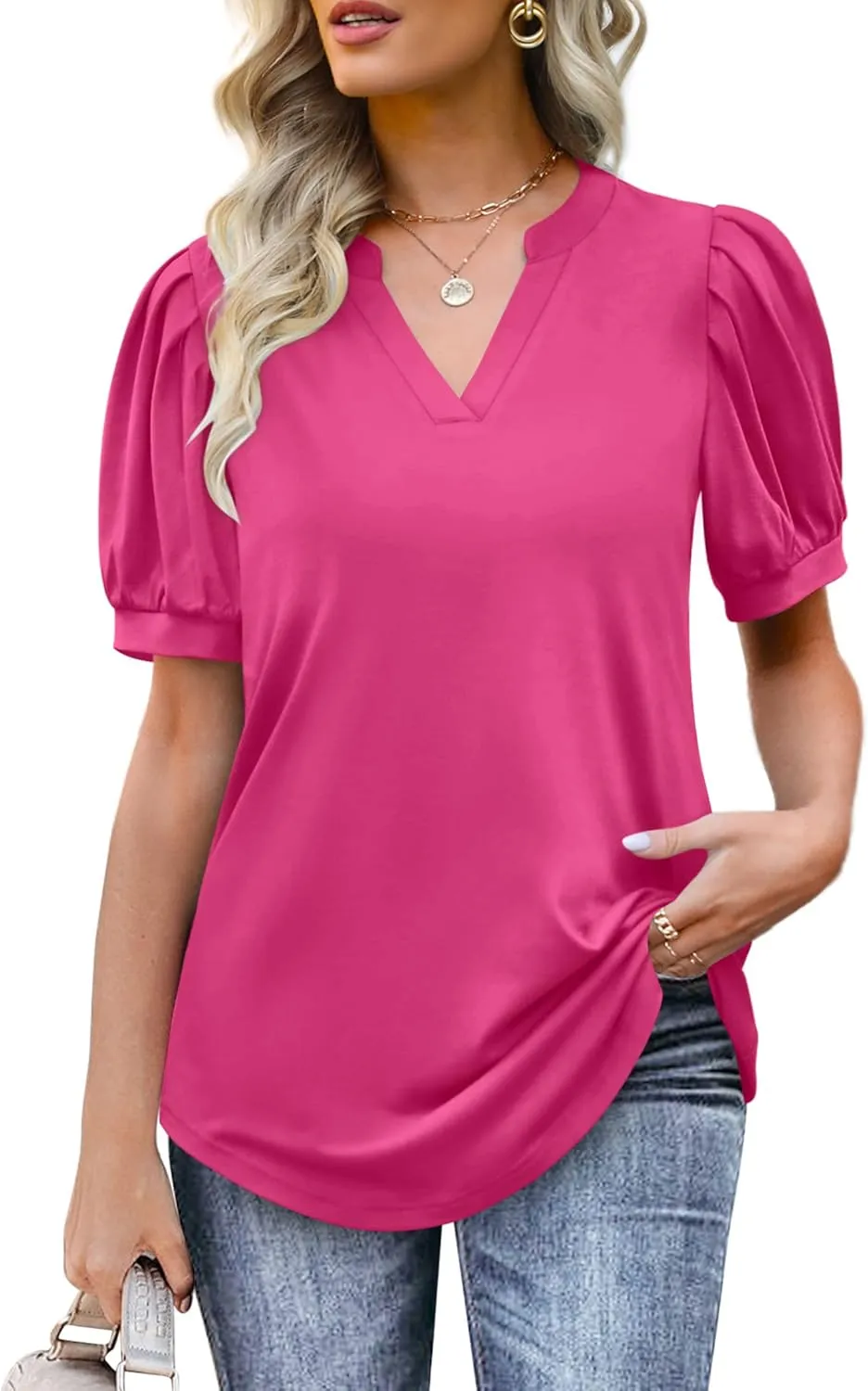 OFEEFAN Women's Pleated Puff Sleeve Tops Summer V Neck Tunic Shirts Loose Curved Hem Blouses Dressy Casual S-3XL