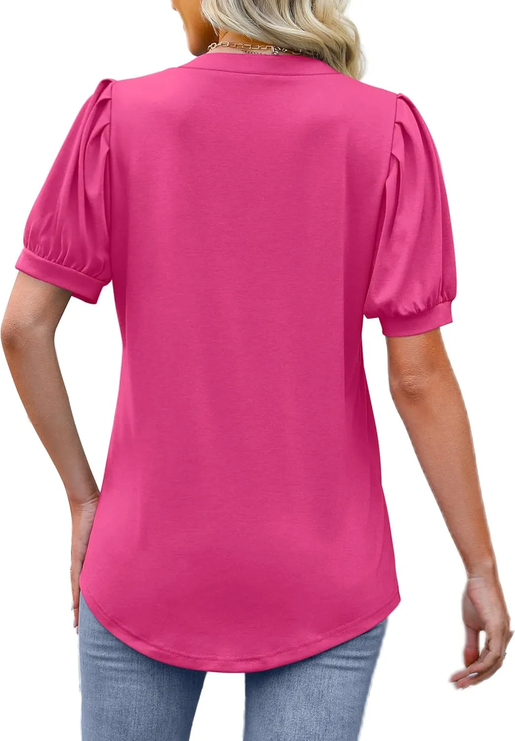 OFEEFAN Women's Pleated Puff Sleeve Tops Summer V Neck Tunic Shirts Loose Curved Hem Blouses Dressy Casual S-3XL