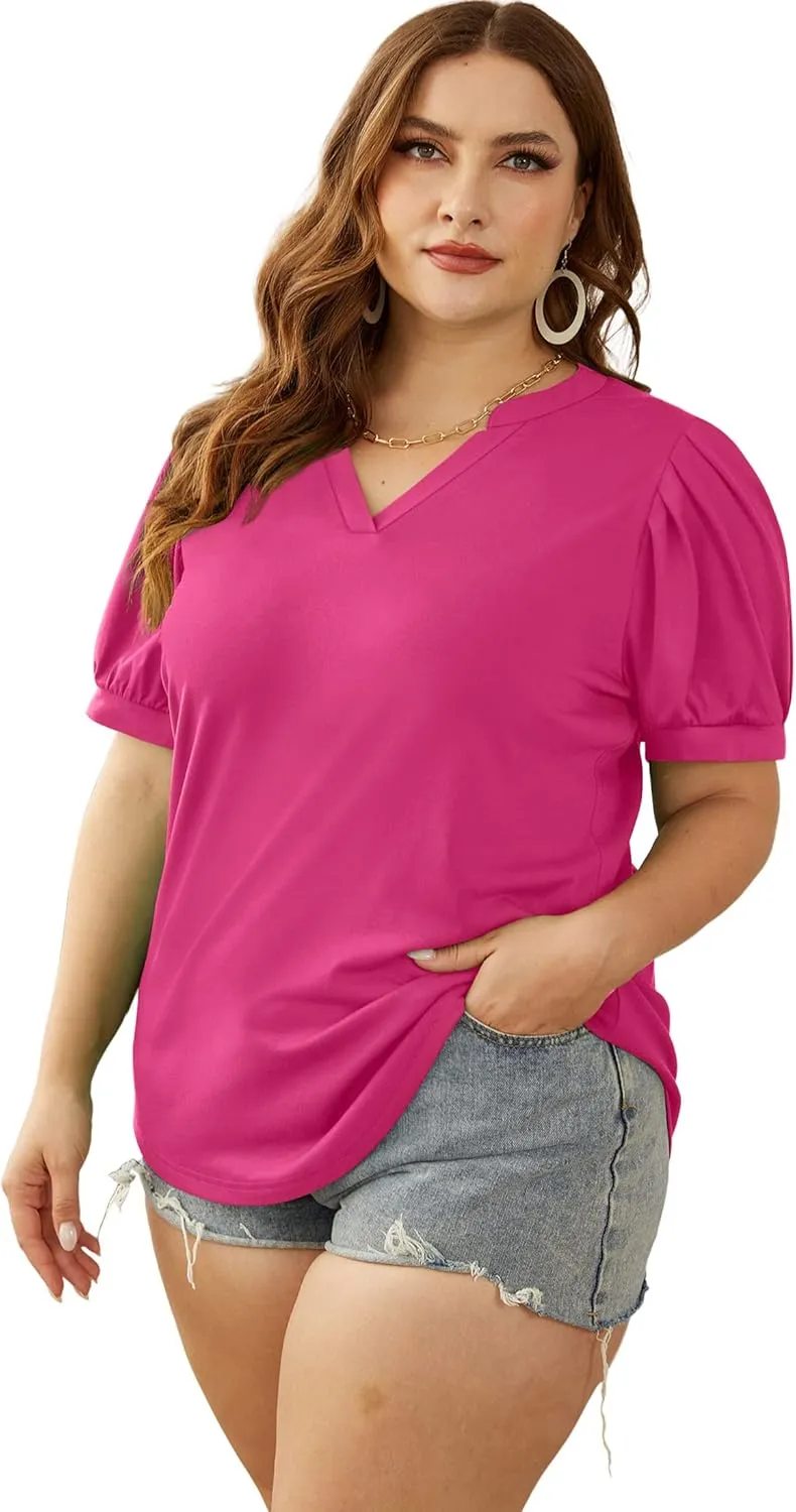 OFEEFAN Women's Pleated Puff Sleeve Tops Summer V Neck Tunic Shirts Loose Curved Hem Blouses Dressy Casual S-3XL