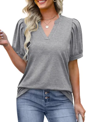 OFEEFAN Women's Pleated Puff Sleeve Tops Summer V Neck Tunic Shirts Loose Curved Hem Blouses Dressy Casual S-3XL