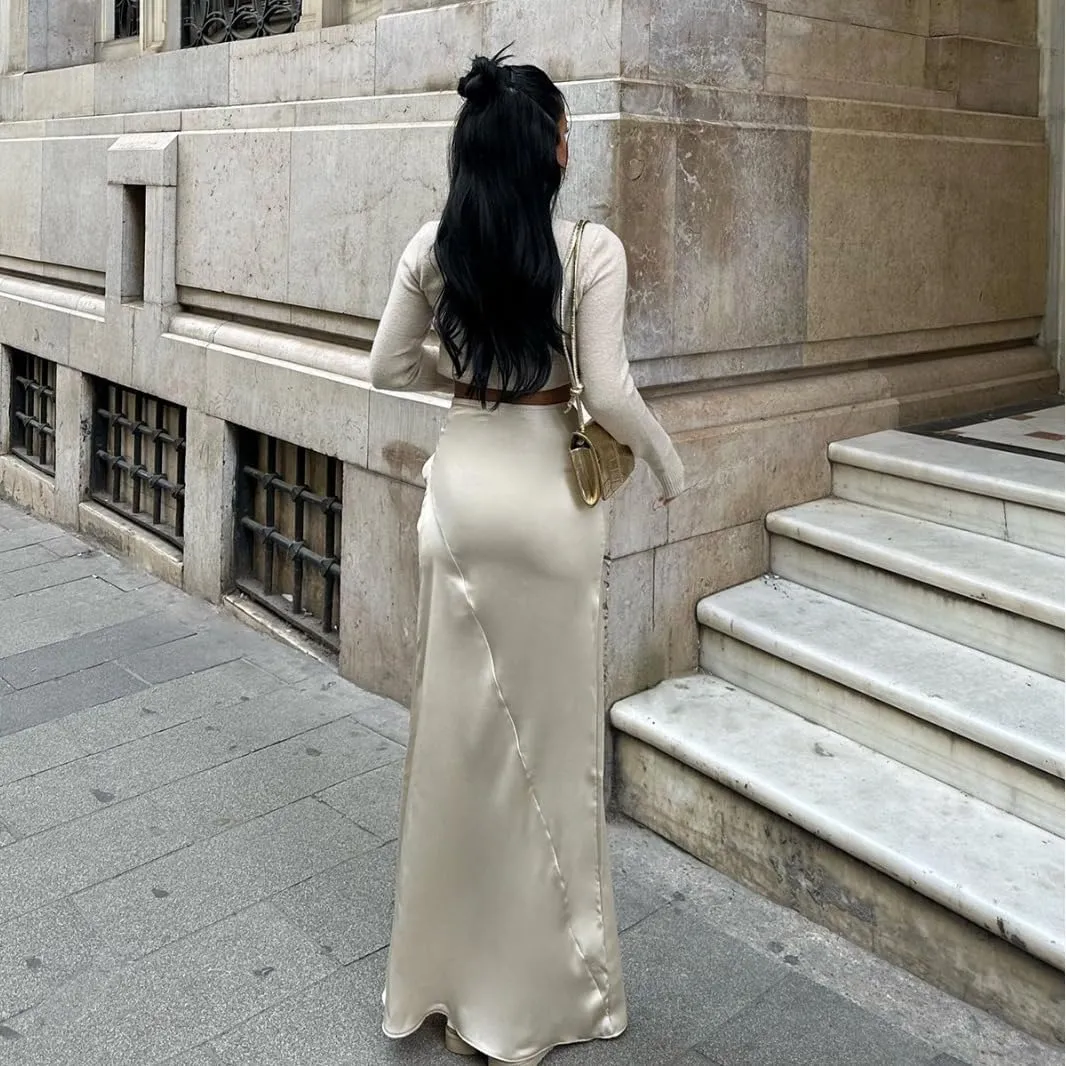 Old Money Aesthetic Clothing Women Fall Satin Maxi Skirt Satin Skirt Maxi Skirt Silk Skirts for Women