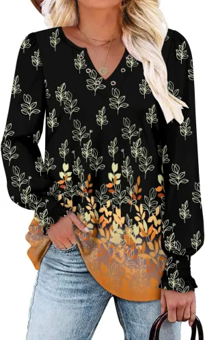 onlypuff V Neck Tops for Women Long Sleeve Shirts Loose Fit Tunic Top Cute Ladies Blouse Fall Fashion Tops