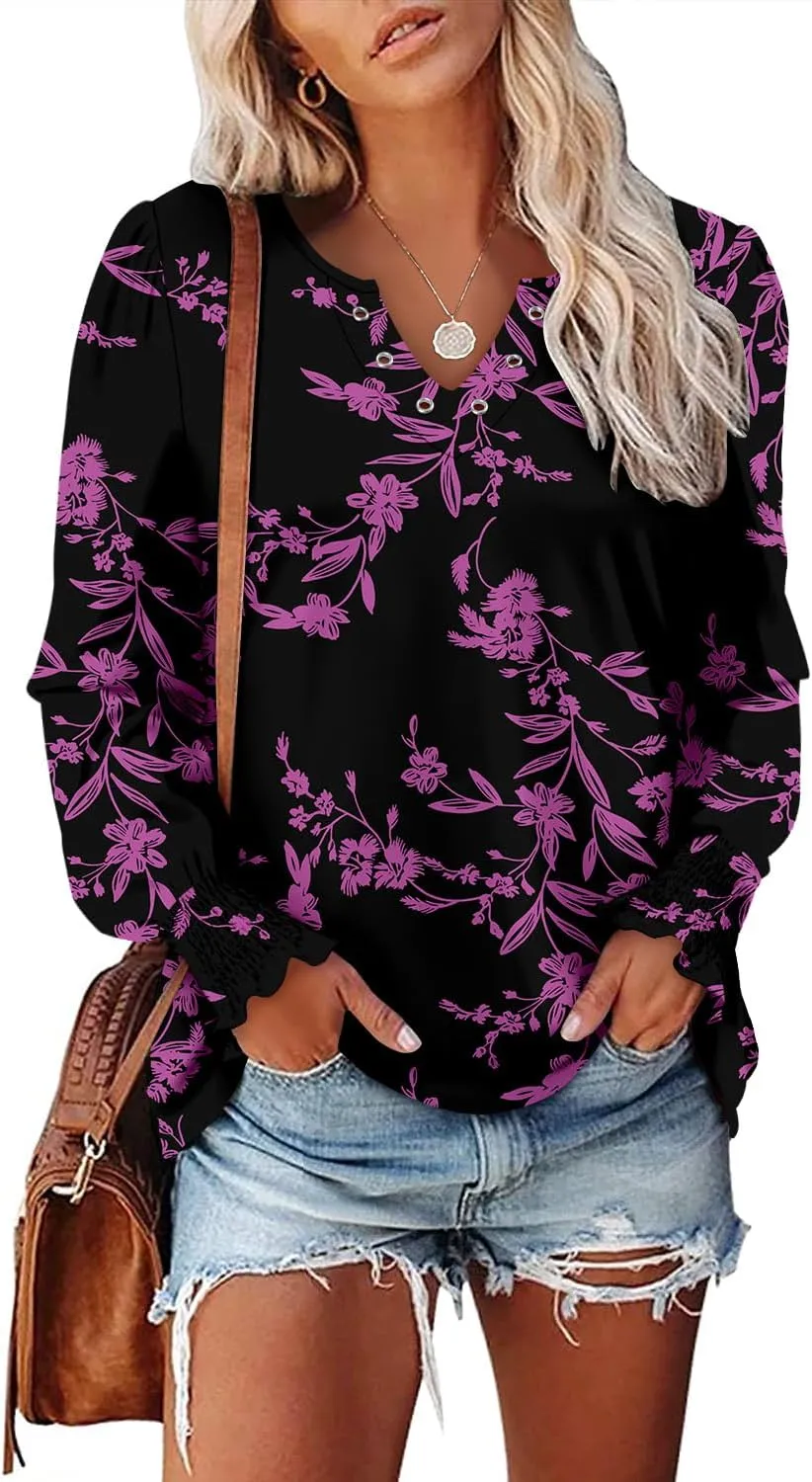 onlypuff V Neck Tops for Women Long Sleeve Shirts Loose Fit Tunic Top Cute Ladies Blouse Fall Fashion Tops