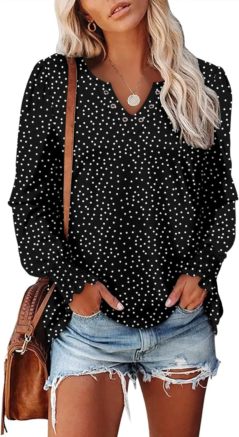 onlypuff V Neck Tops for Women Long Sleeve Shirts Loose Fit Tunic Top Cute Ladies Blouse Fall Fashion Tops