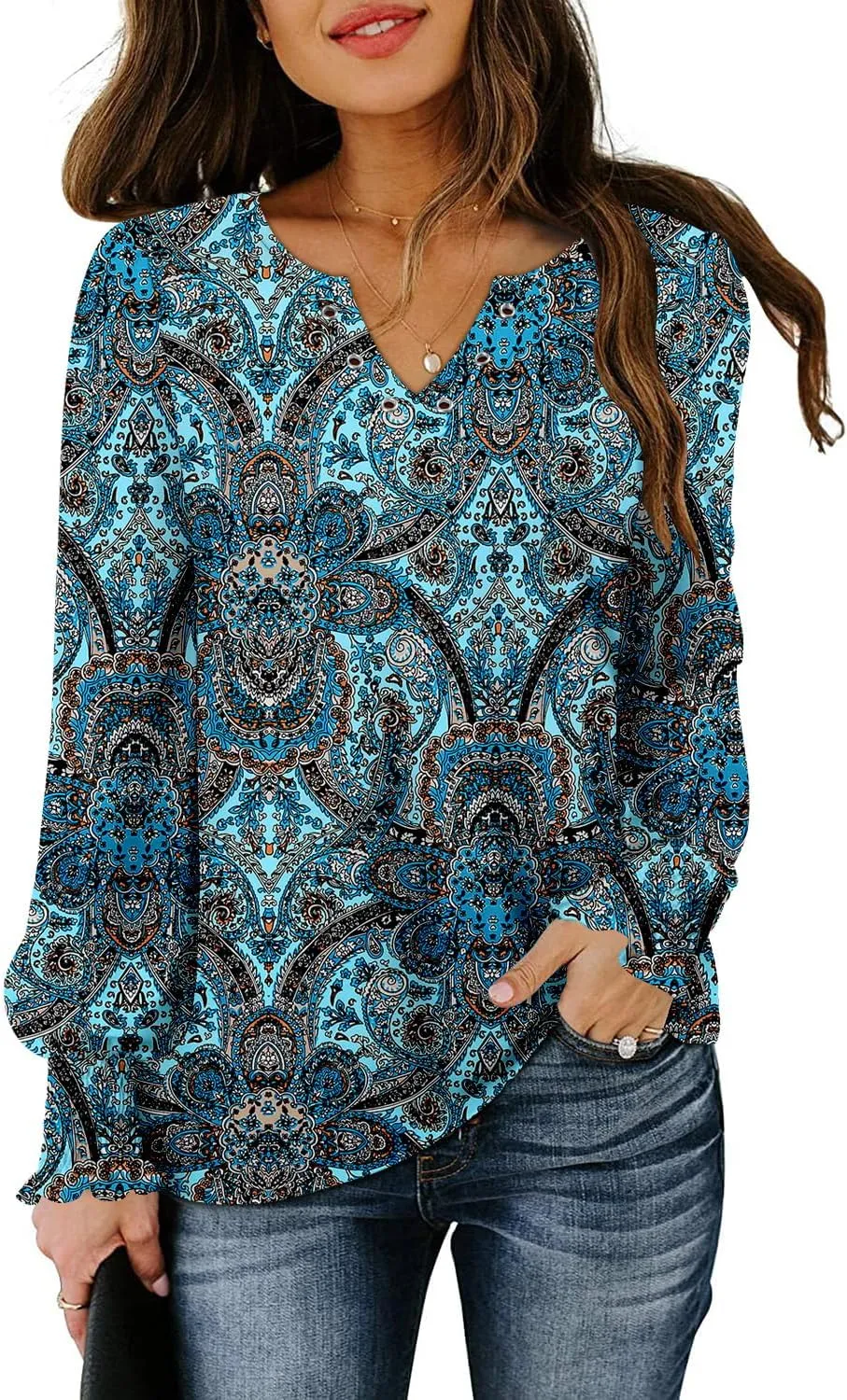 onlypuff V Neck Tops for Women Long Sleeve Shirts Loose Fit Tunic Top Cute Ladies Blouse Fall Fashion Tops
