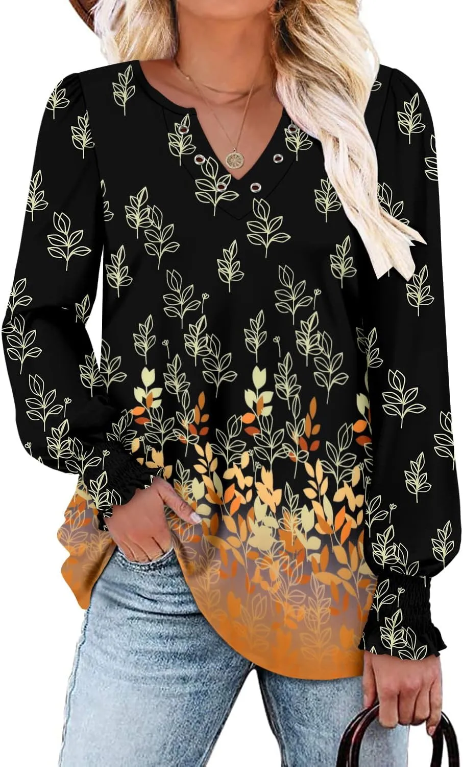onlypuff V Neck Tops for Women Long Sleeve Shirts Loose Fit Tunic Top Cute Ladies Blouse Fall Fashion Tops