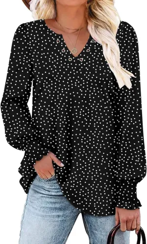 onlypuff V Neck Tops for Women Long Sleeve Shirts Loose Fit Tunic Top Cute Ladies Blouse Fall Fashion Tops