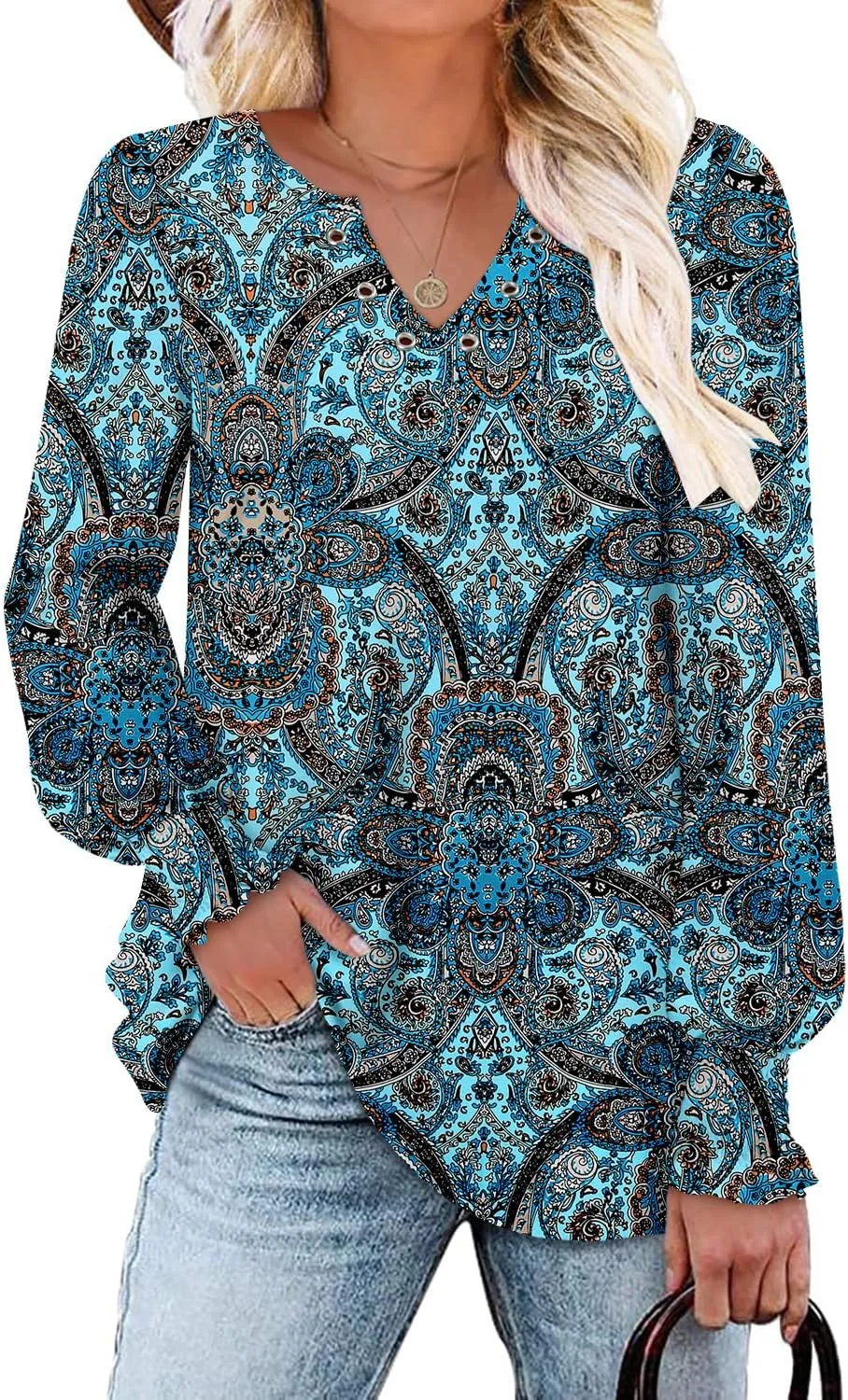 onlypuff V Neck Tops for Women Long Sleeve Shirts Loose Fit Tunic Top Cute Ladies Blouse Fall Fashion Tops