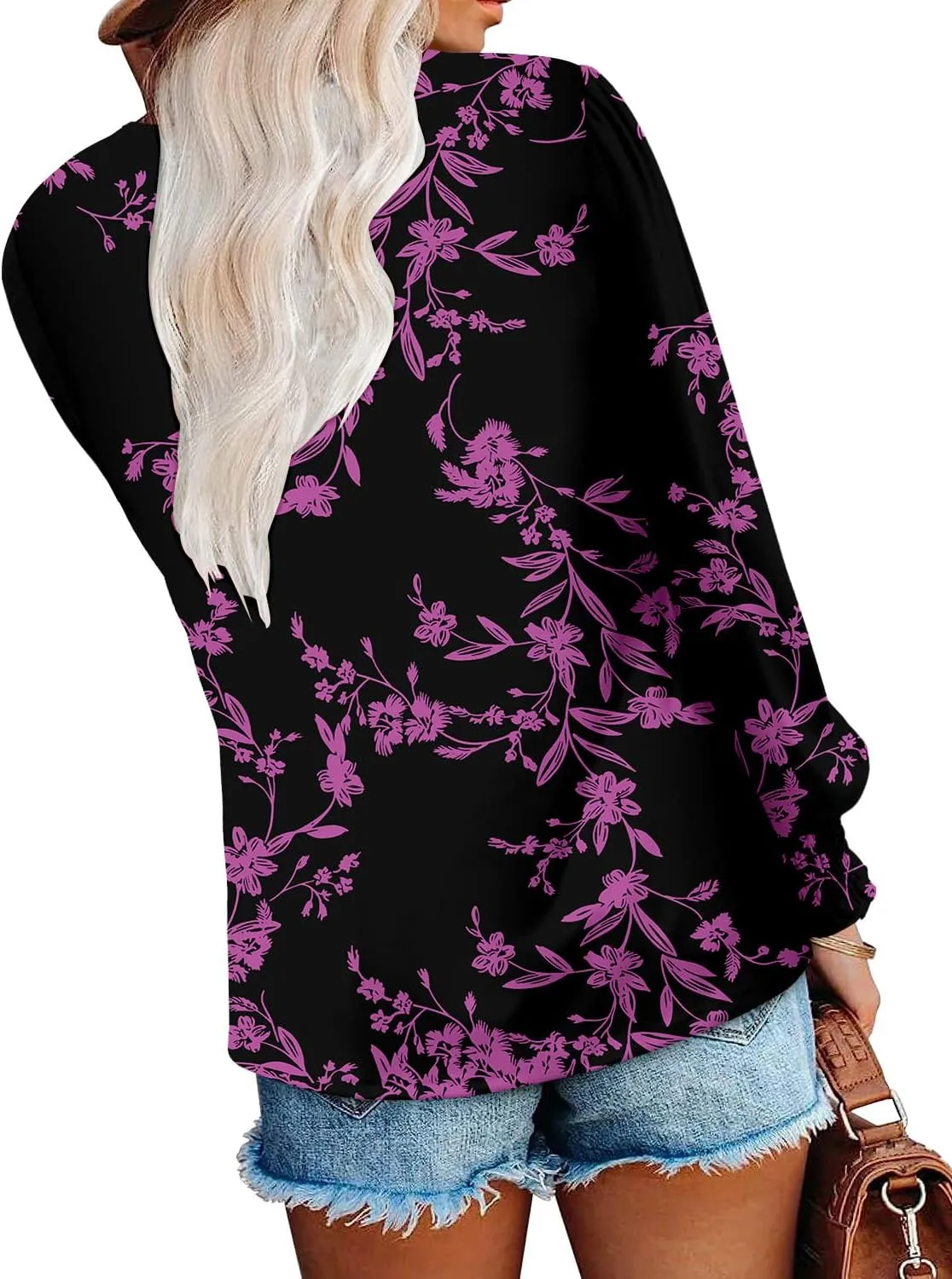 onlypuff V Neck Tops for Women Long Sleeve Shirts Loose Fit Tunic Top Cute Ladies Blouse Fall Fashion Tops