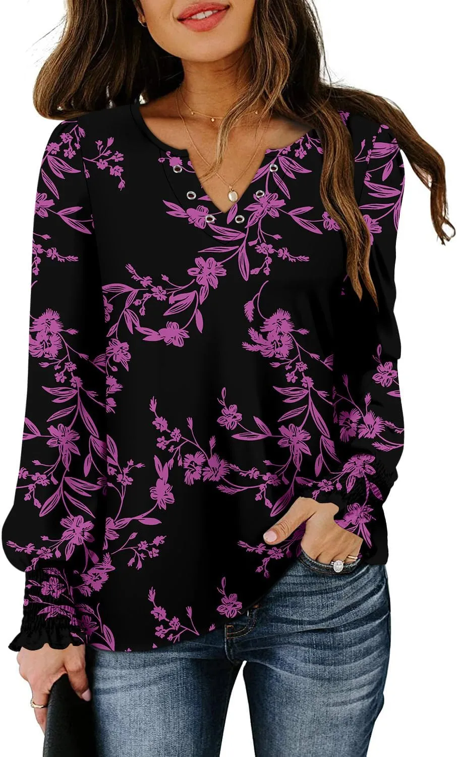 onlypuff V Neck Tops for Women Long Sleeve Shirts Loose Fit Tunic Top Cute Ladies Blouse Fall Fashion Tops