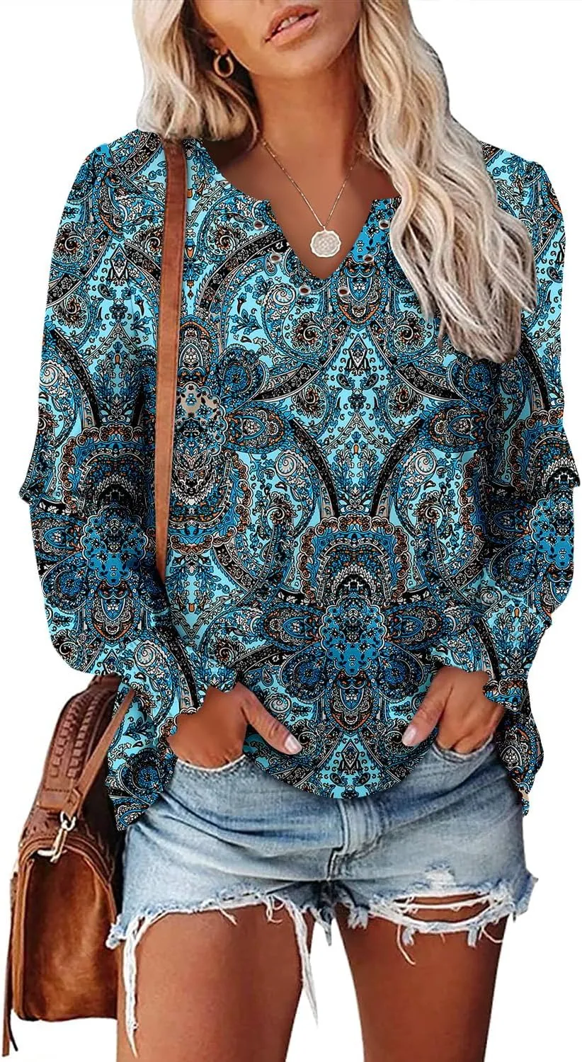 onlypuff V Neck Tops for Women Long Sleeve Shirts Loose Fit Tunic Top Cute Ladies Blouse Fall Fashion Tops