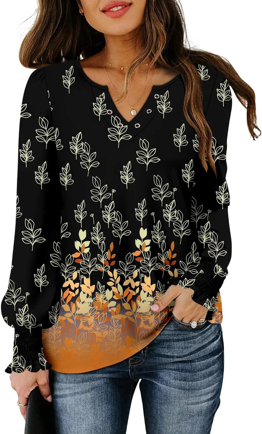 onlypuff V Neck Tops for Women Long Sleeve Shirts Loose Fit Tunic Top Cute Ladies Blouse Fall Fashion Tops