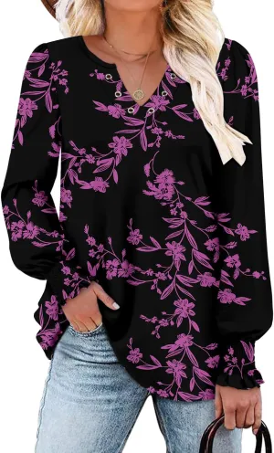 onlypuff V Neck Tops for Women Long Sleeve Shirts Loose Fit Tunic Top Cute Ladies Blouse Fall Fashion Tops