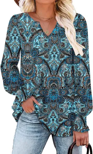 onlypuff V Neck Tops for Women Long Sleeve Shirts Loose Fit Tunic Top Cute Ladies Blouse Fall Fashion Tops