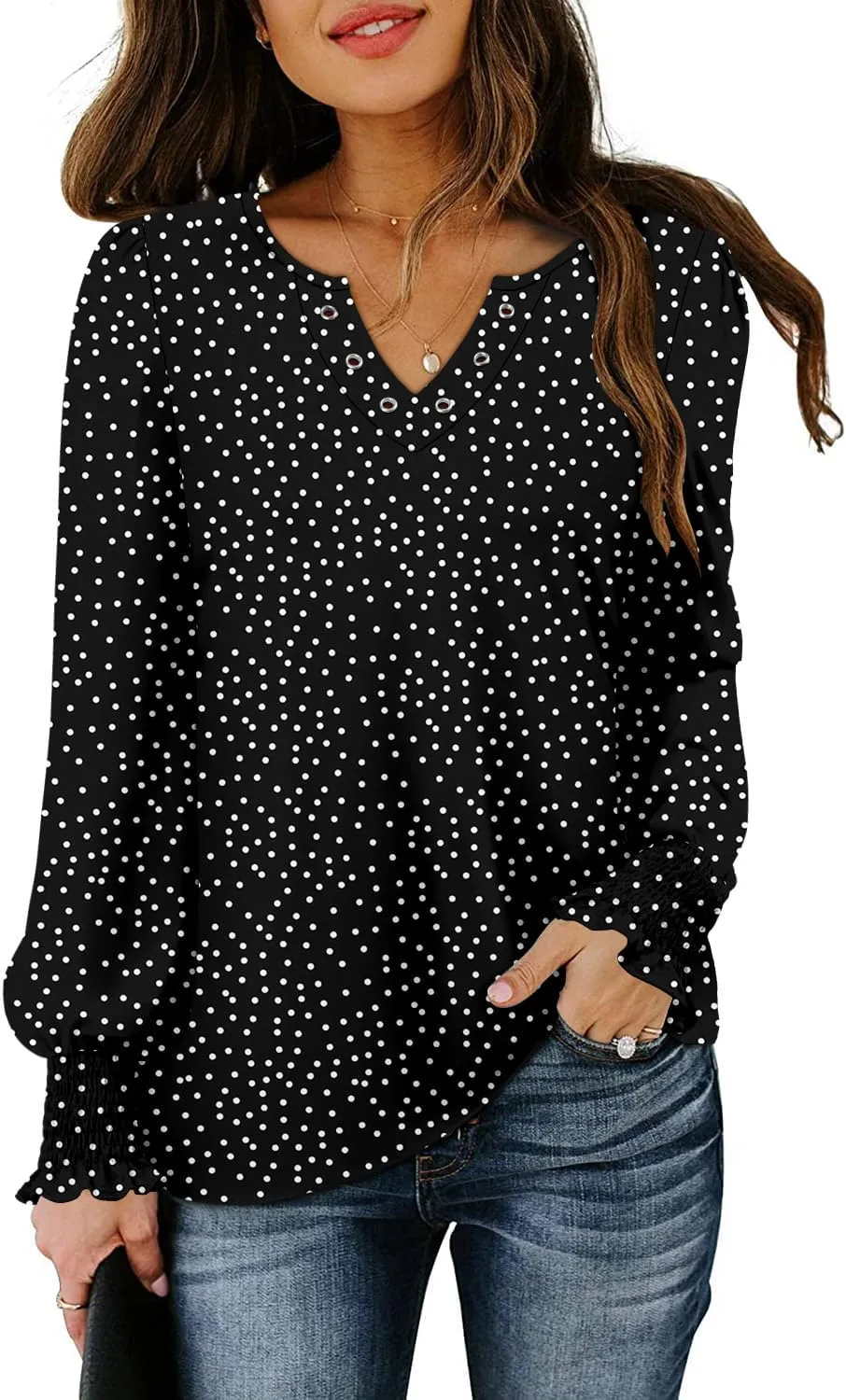 onlypuff V Neck Tops for Women Long Sleeve Shirts Loose Fit Tunic Top Cute Ladies Blouse Fall Fashion Tops