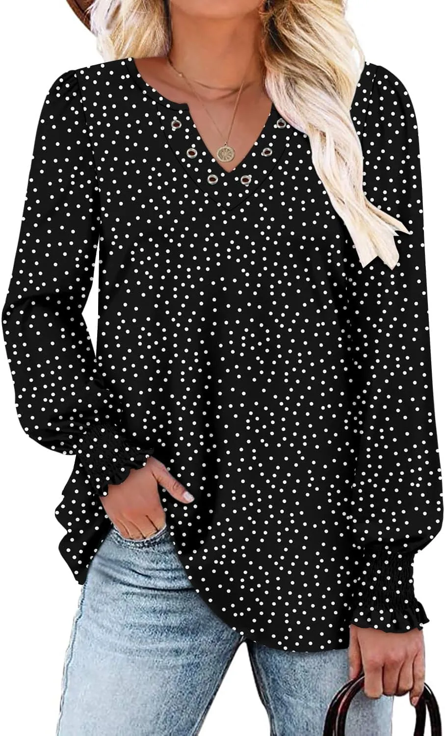 onlypuff V Neck Tops for Women Long Sleeve Shirts Loose Fit Tunic Top Cute Ladies Blouse Fall Fashion Tops