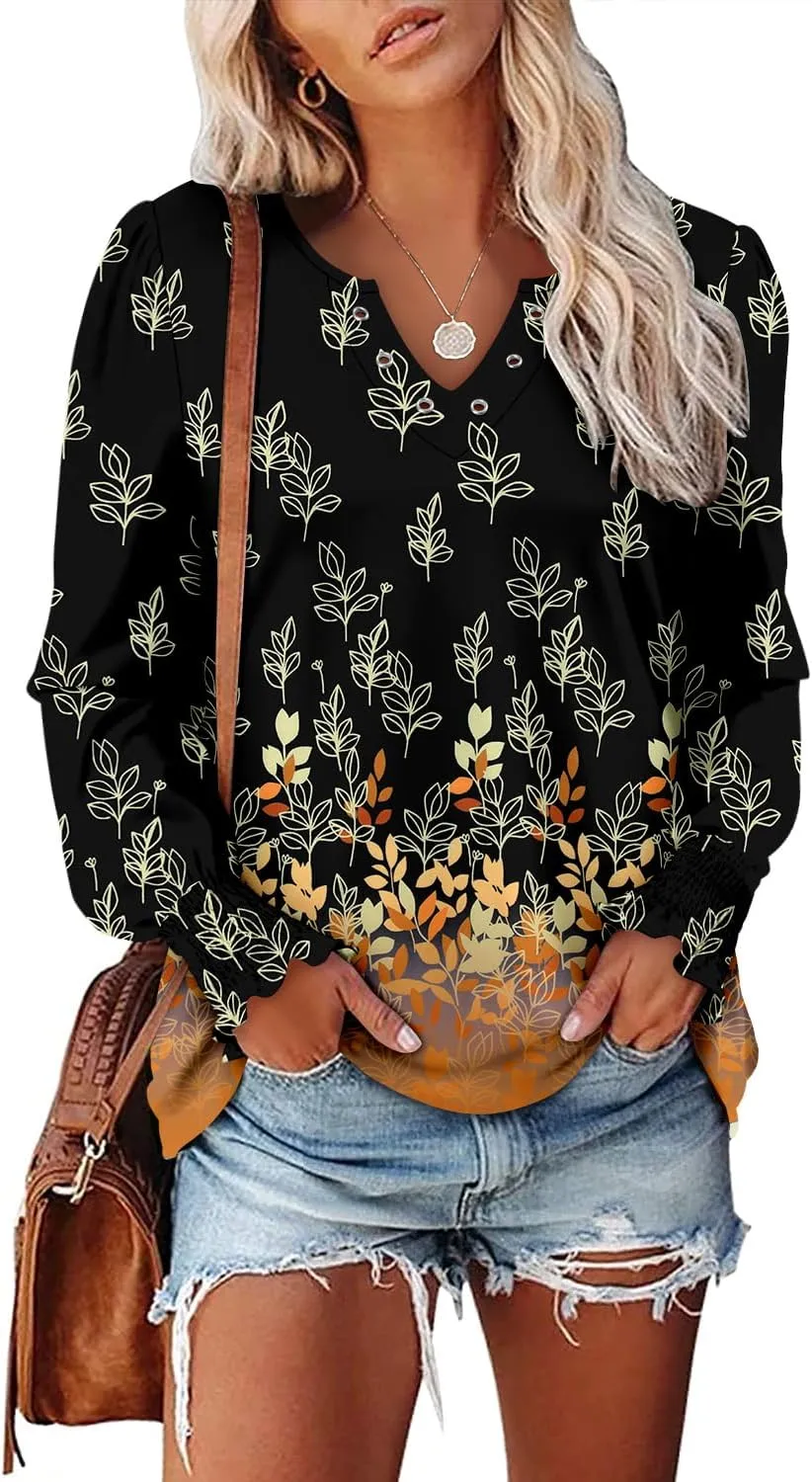 onlypuff V Neck Tops for Women Long Sleeve Shirts Loose Fit Tunic Top Cute Ladies Blouse Fall Fashion Tops