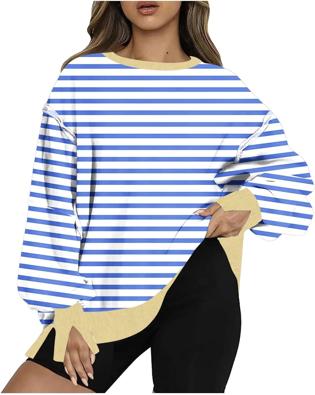 Oversize Splicing Striped Sweatshirts for Womens Pullover Tops Trendy Round Neck Long Sleeve Casual Soft Sweatshirt