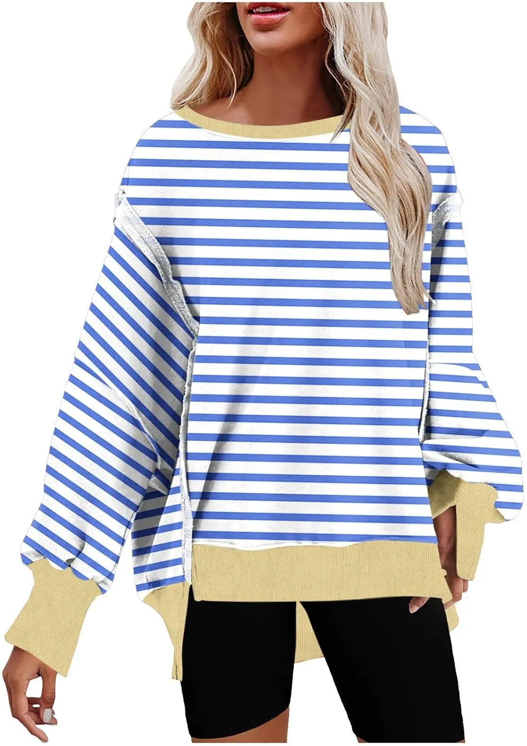 Oversize Splicing Striped Sweatshirts for Womens Pullover Tops Trendy Round Neck Long Sleeve Casual Soft Sweatshirt