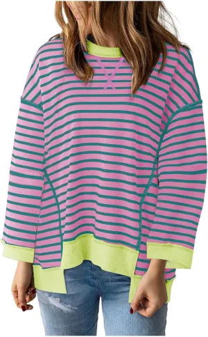 Oversize Splicing Striped Sweatshirts for Womens Pullover Tops Trendy Round Neck Long Sleeve Casual Soft Sweatshirt