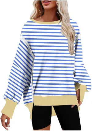 Oversize Splicing Striped Sweatshirts for Womens Pullover Tops Trendy Round Neck Long Sleeve Casual Soft Sweatshirt