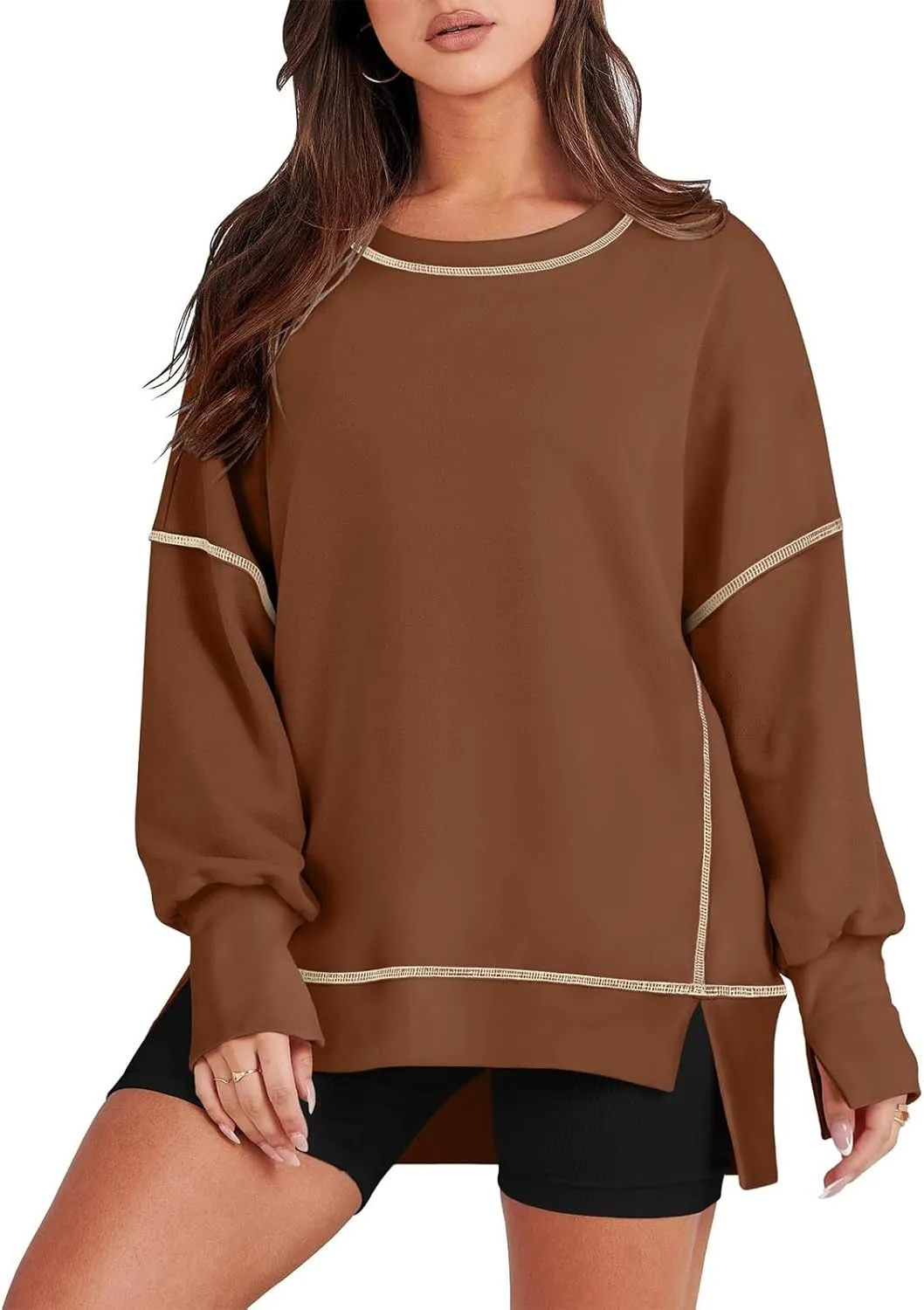 Oversized Crewneck Sweatshirt Women Loose Fit Trendy High Low Tops Casual Lightweight Stitch Hoodies Fall Clothes