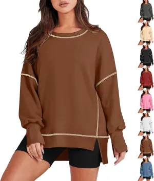 Oversized Crewneck Sweatshirt Women Loose Fit Trendy High Low Tops Casual Lightweight Stitch Hoodies Fall Clothes