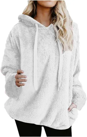 Oversized Fleece Hoodies For Women Comfy Long Sleeve Drawstring Hooded Fuzzy Sweatshirt Winter Solid Color Pullover