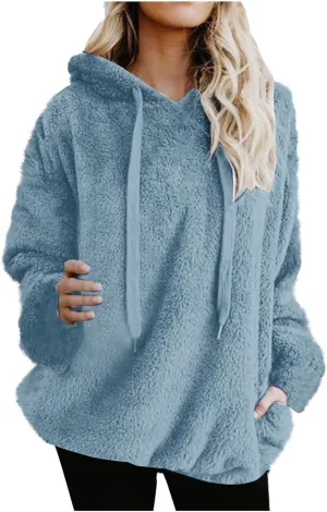 Oversized Fleece Hoodies For Women Comfy Long Sleeve Drawstring Hooded Fuzzy Sweatshirt Winter Solid Color Pullover