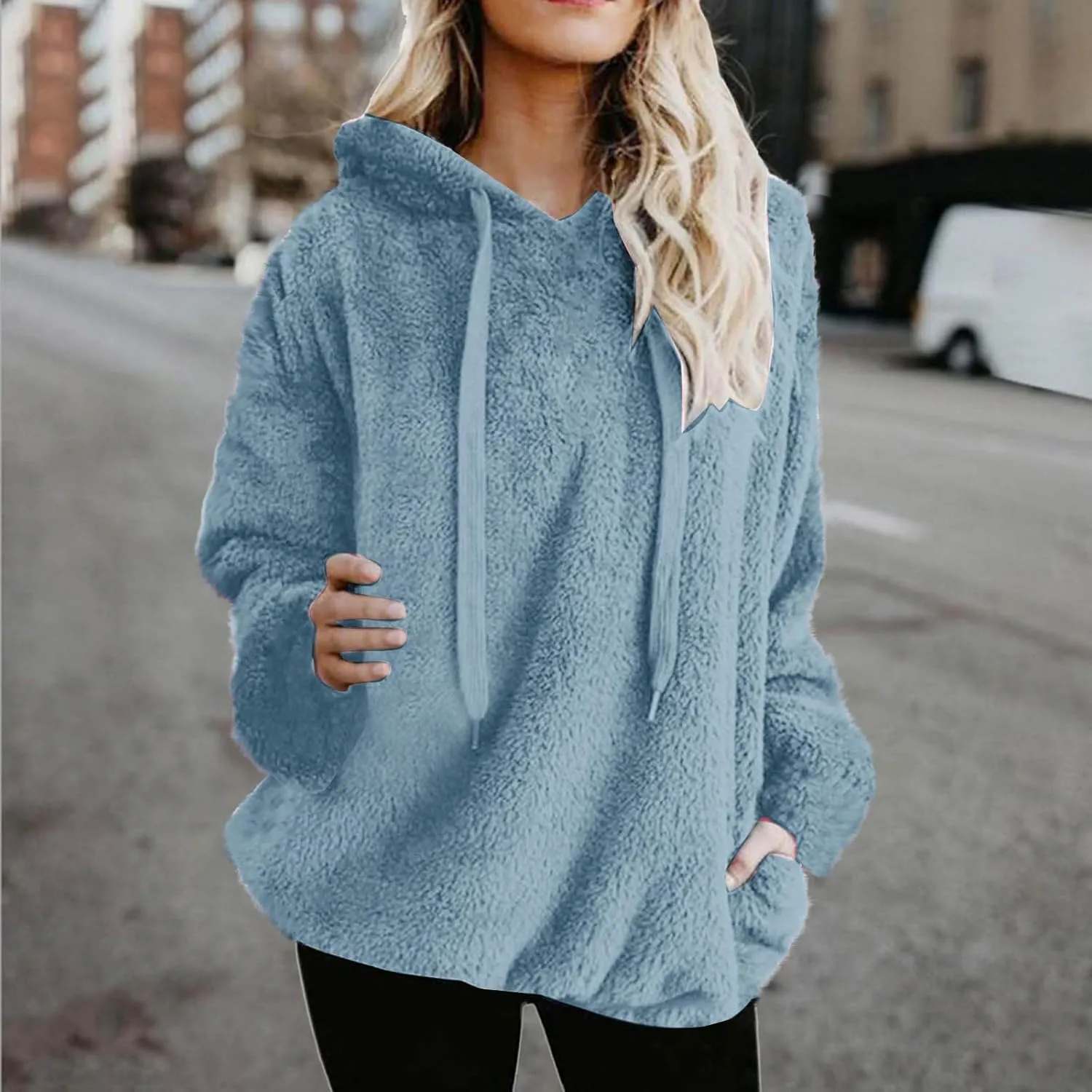 Oversized Fleece Hoodies For Women Comfy Long Sleeve Drawstring Hooded Fuzzy Sweatshirt Winter Solid Color Pullover