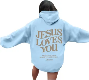 Oversized Hoodie for Women Christian Religious Jesus Loves You Hooded Hoodies Causal Sweatshirts with Pockets Pullover