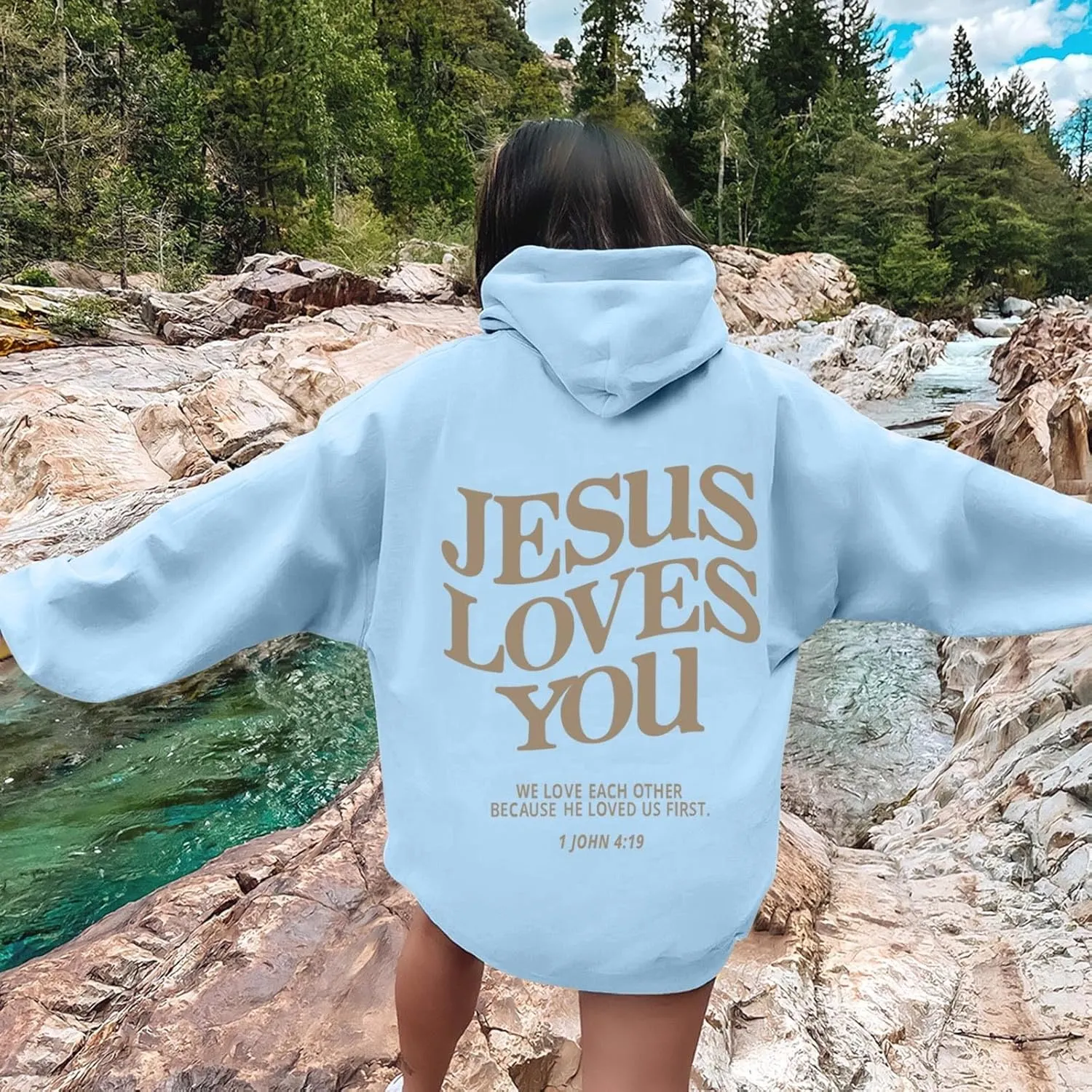 Oversized Hoodie for Women Christian Religious Jesus Loves You Hooded Hoodies Causal Sweatshirts with Pockets Pullover