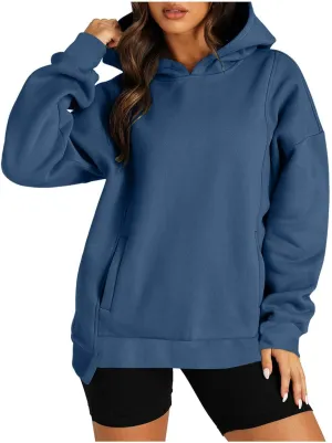 Oversized Hoodies for Women 2024 Classic Solid Loose Fit Tops Crewneck Slit Hem Pullover Fall Outfits with Pocket