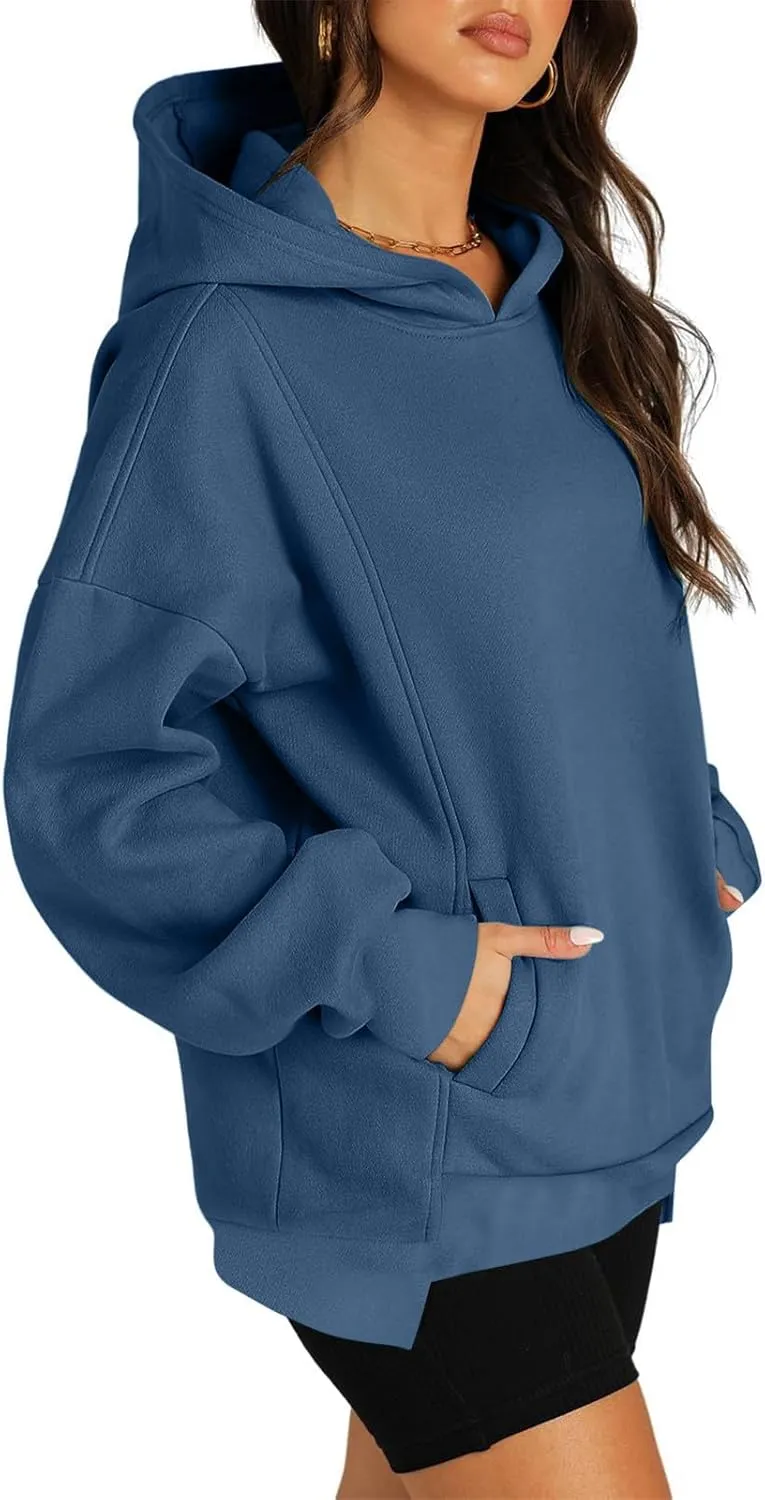 Oversized Hoodies for Women 2024 Classic Solid Loose Fit Tops Crewneck Slit Hem Pullover Fall Outfits with Pocket