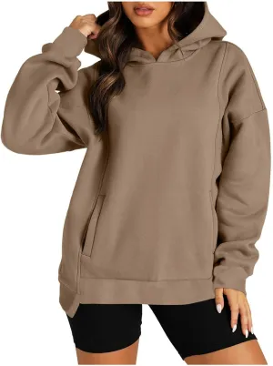 Oversized Hoodies for Women 2024 Classic Solid Loose Fit Tops Crewneck Slit Hem Pullover Fall Outfits with Pocket